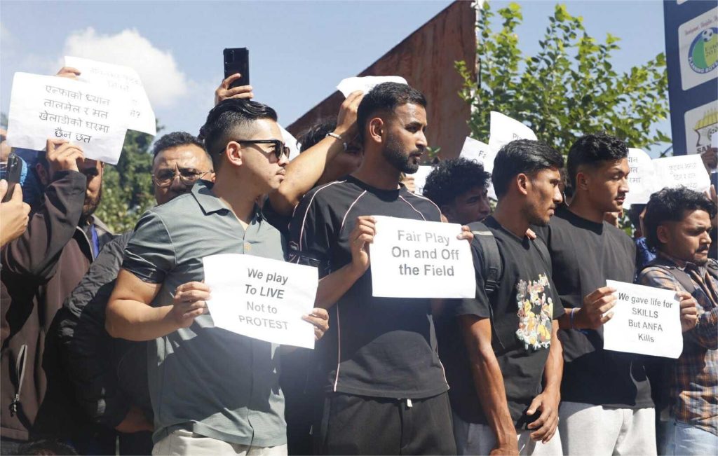 57421044322247052347234776843563766731932776n-1762415430-1024x651 Footballers Protest Outside ANFA Complex, Demand Immediate Resumption of ‘A’ Division League